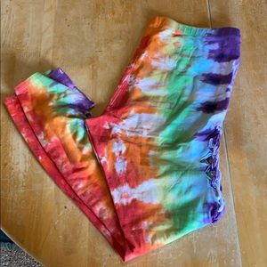 Hand dyed, hand woven rainbow leggings